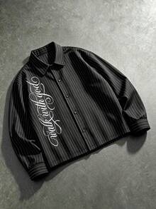 ROMWE MEN Men's Loose Striped Long Sleeve Shirt With Calligraphy Print - Black - View 7