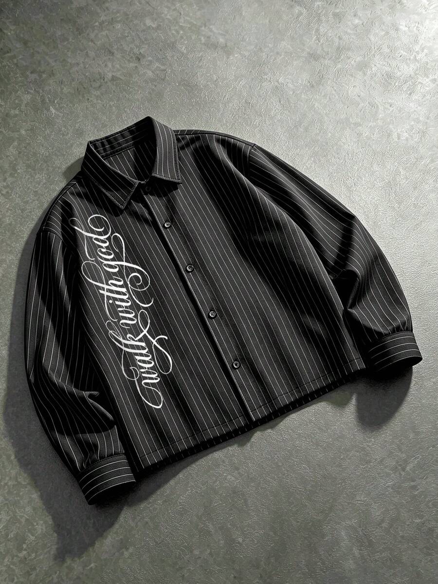 ROMWE MEN Men's Loose Striped Long Sleeve Shirt With Calligraphy Print - Black - View 1
