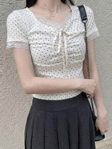 FRIFUL 女士波点印花蕾丝拼接甜心领扭结前襟短袖T恤可爱上衣夏季 - 白色 - 查看 7