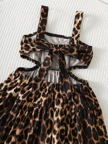 Gaun Anak Perempuan Motif Leopard dengan Tali Bahu Tipis dan Hiasan Pita - Mocha Brown - View 4