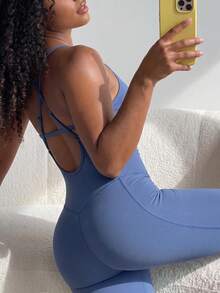 SHEIN Core Rhythm Solid Color Backless Slim Fit Sports Modest Athleisure Jumpsuit Gym Slate Blue Summer - Navy Blue - View 2