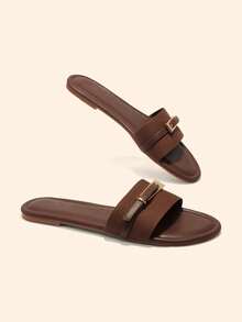 CUCCOO BASICS Women's New Fashion Versatile Coffee Color Knitted One-Piece Flat Sandals, Lightweight Comfortable Slouchy Sandals - Light brown - View 1