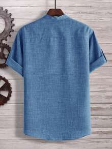 Manfinity Homme Loose Fit Men Half Button Roll Up Sleeve Shirt - Blue - View 2