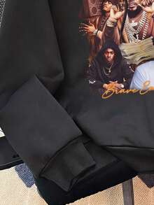 SHEIN EZwear 秋季新款個性化饒舌極簡印花連帽寬鬆加厚女款衛衣，適合日常通勤、派對、秋冬/夏季、聖誕節、新年、感恩節、婚禮、海灘、畢業典禮、優雅、外出、約會、通勤、情人節、度假、Y2K、畢業典禮等場合 - 黑色 - 查看 5