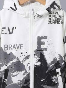 SHEIN 青少年男孩字母印花拉鍊長袖連帽外套 - 黑與白 - 查看 3