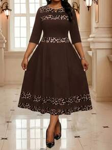 SHEIN Lady CURVE Plus Size Women's Patchwork Leopard Print Round Neck 3/4 Sleeve Elegant Dress - Brown - View 3