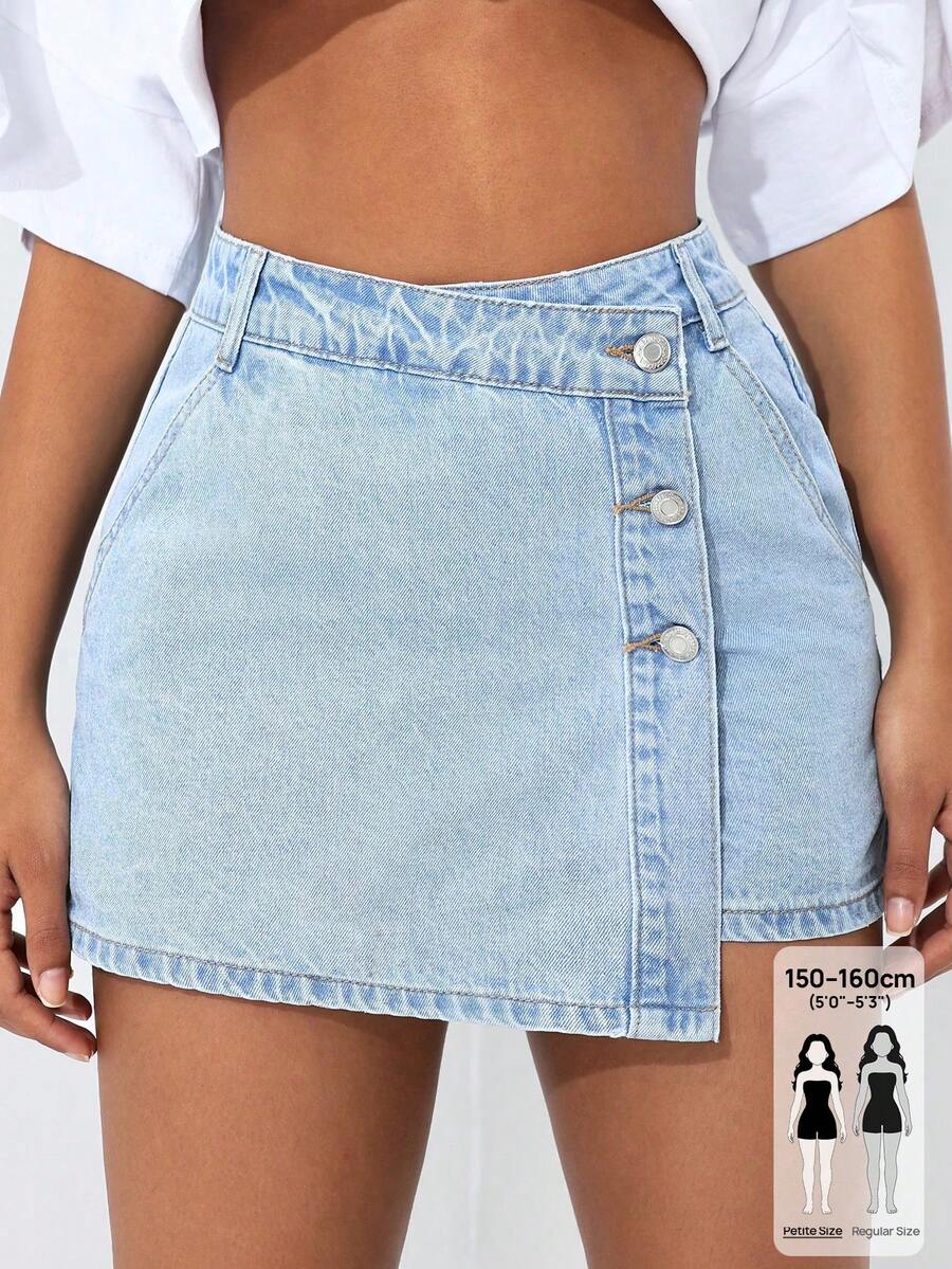SHEIN PETITE 女款鈕扣休閒日常牛仔裙褲 - 藍白色 - 查看 1