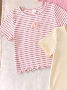 Elladie kids [1 Conjunto Aleatório] 2 Peças/Conjunto Camiseta e Legging Listrada Floral Doce para Meninas, Camiseta de Manga Curta com Babado Floral 3D Listrada e Cor Sólida & Legging com Babado, Estilo Macio, Fashion, Doce, Fofo e Versátil - Rosa chiclete - Visão 4