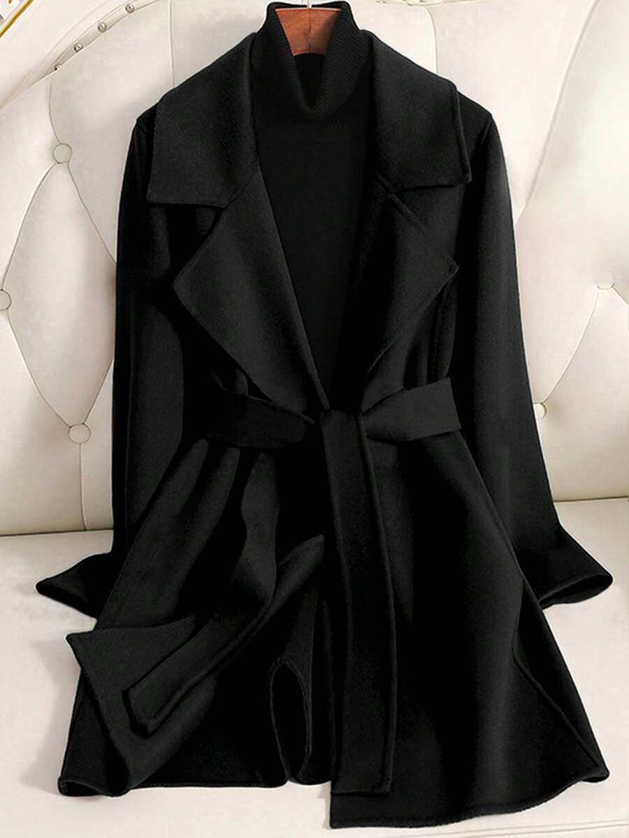 SHEIN PETITE 女款休閒純色附腰帶大衣,秋冬款,適合嬌小女性 - 黑色 - 查看 1