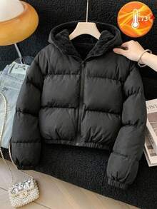 SHEIN 少女連帽加厚棉襖外套，保暖內裡，厚絨內裡，秋冬款 - 黑色 - 查看 10