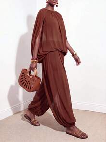 Zivah New Summer Vacation Red-Brown Chiffon Loose-Fitting Pleated Batwing Slit Sleeve Top + Jogger Lantern - Rust Brown - View 7