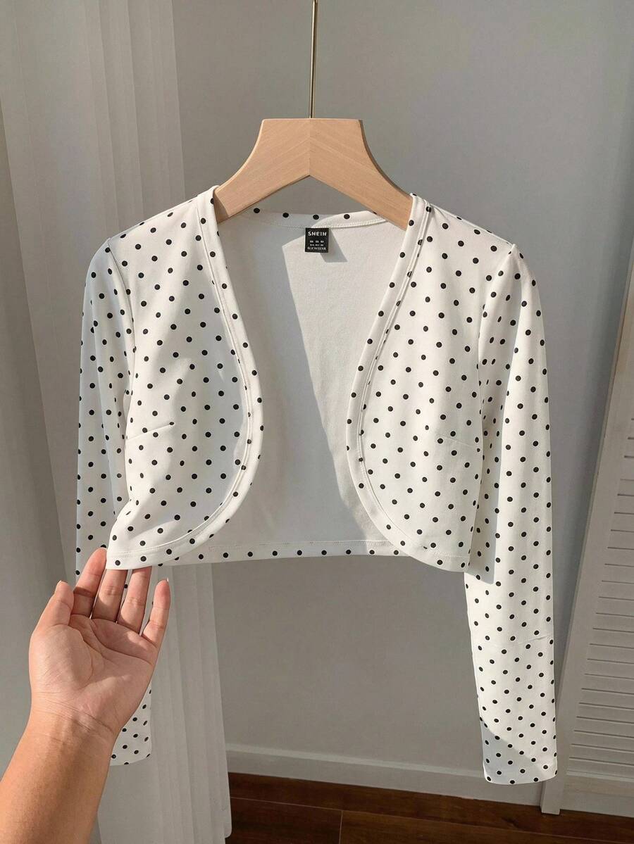 SHEIN EZwear 女款波點圖案長袖開襟輕便夾克 - 白色 - 查看 1