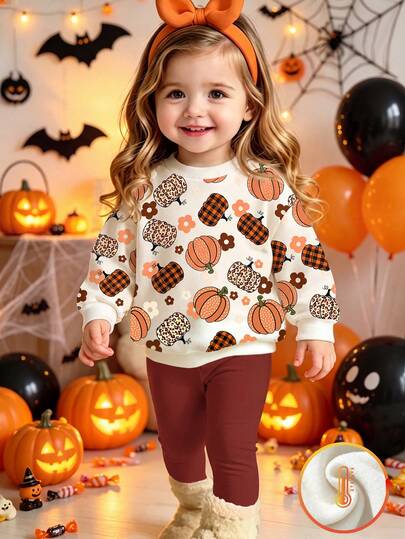 1 Set Baby Girl Halloween Pumpkin Digital Print Crew Neck Fleece Sweatshirt + Leggings, Autumn/Winter Casual Outfit