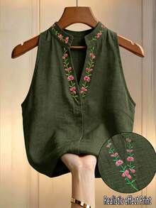Elouméa 女款花卉刺繡立領無袖襯衫，刺繡上衣，夏季穿搭，優雅襯衫，通勤上班穿著 - 綠色 - 查看 1