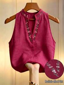 Flora Isola Flora Isola 女款花卉刺繡立領無袖上衣，刺繡上衣，女款夏季穿搭，優雅上衣，通勤上班穿著 - 玫紅色 - 查看 3