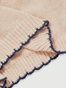 ROMWE Autumn/Winter Women's Short Fish Line Embroidered Crew Neck Flared Sleeve Contrast Trim Sweater - Apricot - View 5