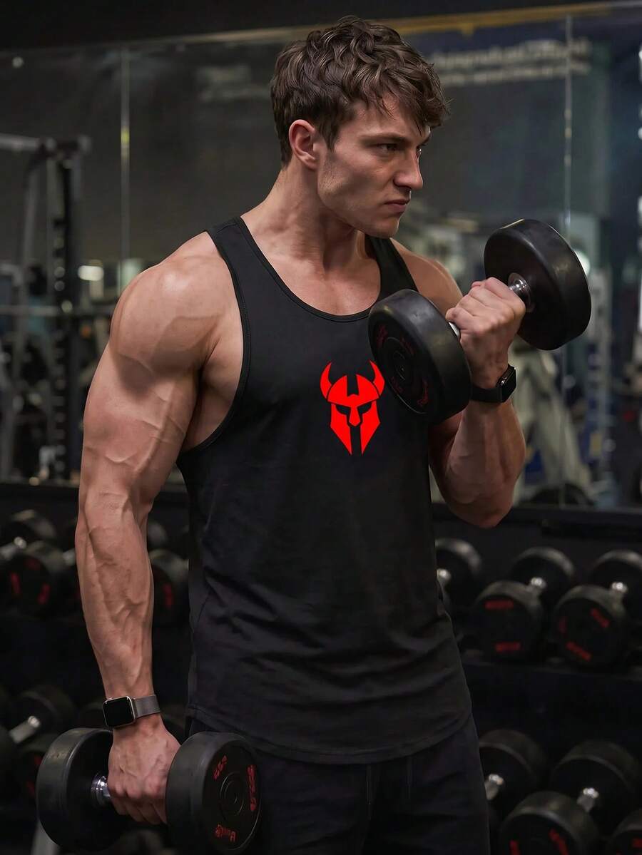 GymBeat Men's Letter Graphic Fashionable Sleeveless Tank Top, Gym Sports Black - Black - View 1