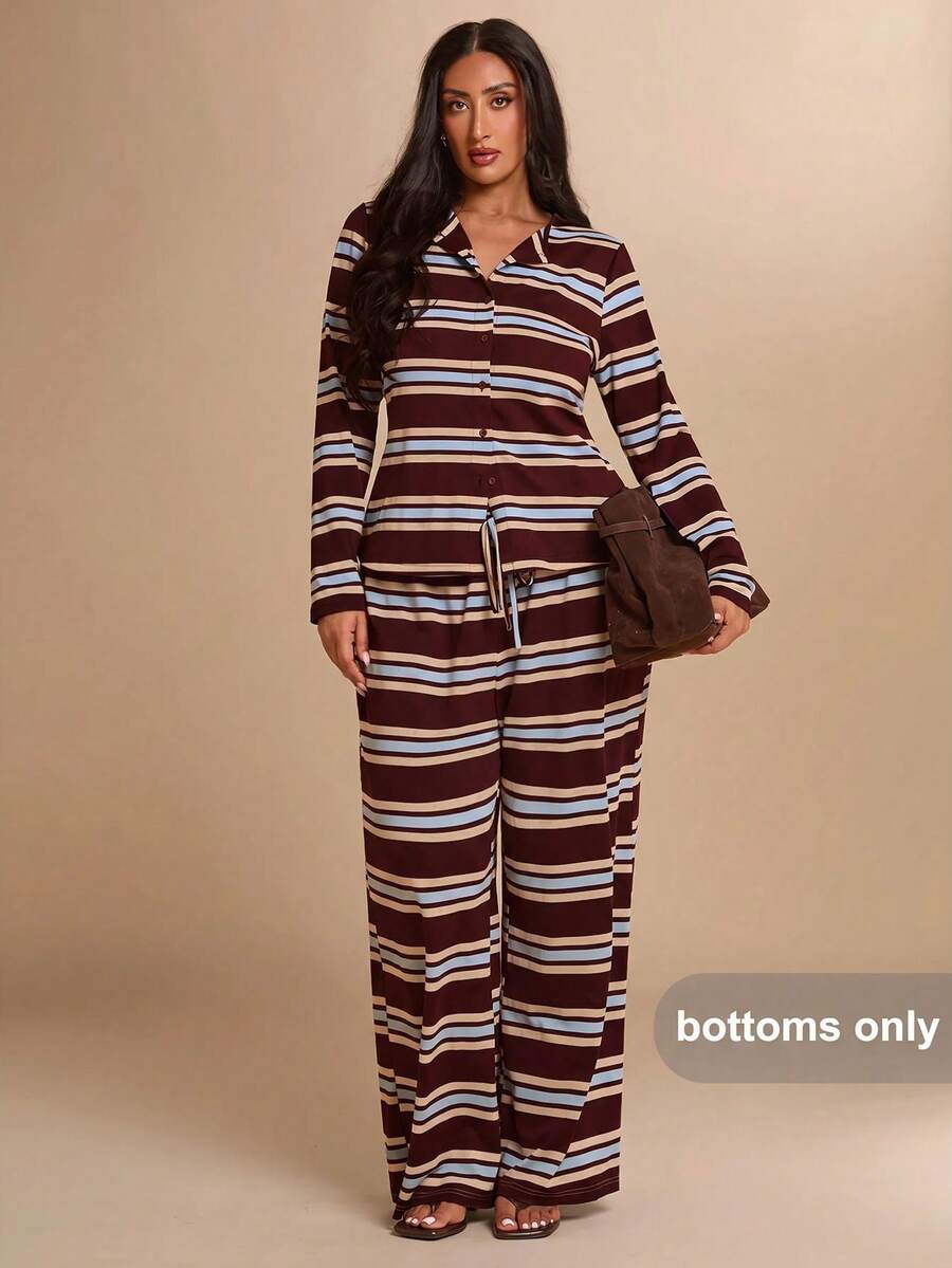 SHEIN BAE CURVE 大尺碼女款條紋休閒寬腿長褲 - 彩色 - 查看 1