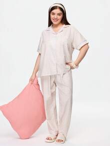 Bonmuse 夏秋休閒寬鬆格紋印花短袖長褲女款大尺碼睡衣套裝家居服套裝 - 彩色 - 查看 1