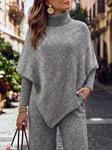 SHEIN Unity Women's Turtleneck Asymmetrical Knit Sweater, Elegant Top For Winter,Winter For Women - Grey - View 1