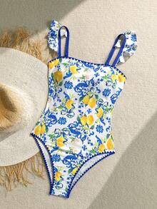 SHEIN Modest Cute Flounce Print One-Piece Swimsuit, Suitable For Beach & Holiday - Blue - View 4