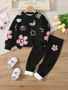 SHEIN Leap Crew 2 件套青少年女孩休闲花卉和卡通人物印花圆领长袖运动衫和紧身裤套装，适合秋冬季 - 彩色 - 查看 2