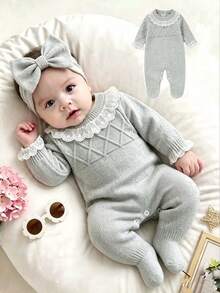 SHEIN Newborn Baby Girl Pink Sweater Romper With Attached Socks, Lace Trim + 3D Bow Decor, Round Neck Long Sleeve Sweet One-Piece Autumn Winter - Multicolor - View 2