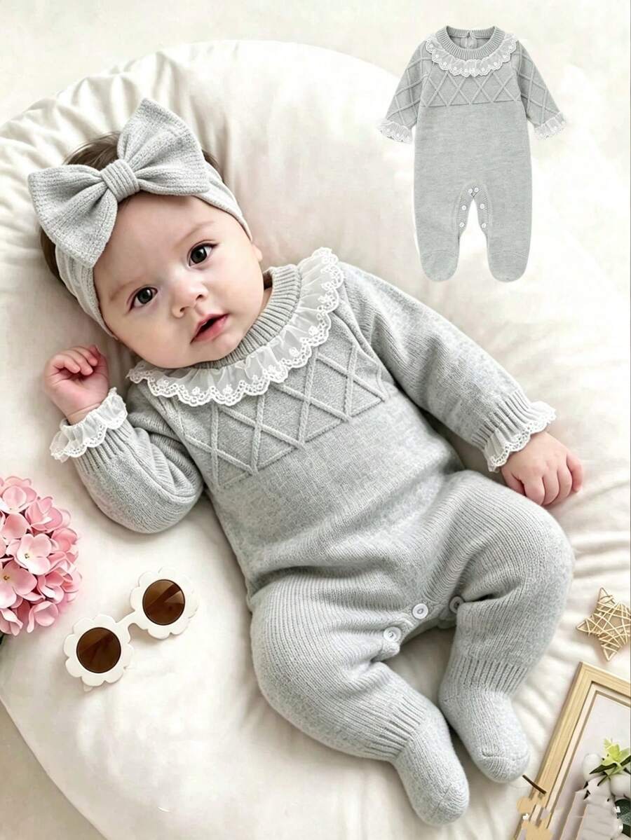 SHEIN Newborn Baby Girl Pink Sweater Romper With Attached Socks, Lace Trim + 3D Bow Decor, Round Neck Long Sleeve Sweet One-Piece Autumn Winter