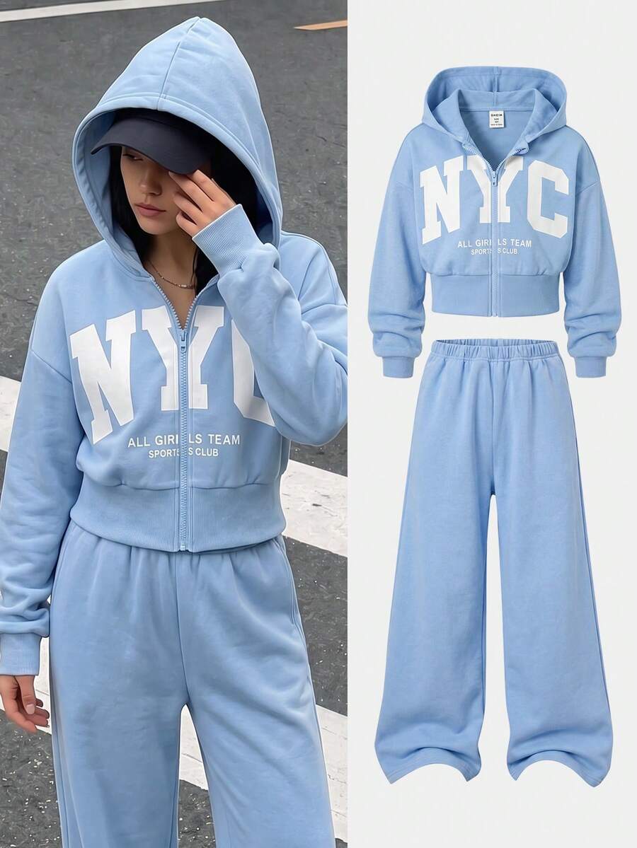 SHEIN 2件組青少年女孩灰色花卉連帽拉鍊開襟衫,寬鬆版型、落肩設計、長羅紋腰線,時尚休閒獨特設計運動衫搭配寬鬆舒適長褲,休閒運動學院風套裝,適合戶外、室內、運動、派對、學校及任何場合,適用春、秋、冬 - 淺藍色 - 查看 1