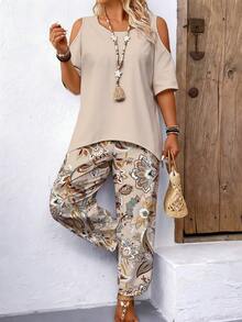 EMERY ROSE 2pcs Plus Size Off-Shoulder Short Sleeve Top And Casual Loose Comfortable Pants Set, Plus Size Printed Outfit - Multicolor - View 7