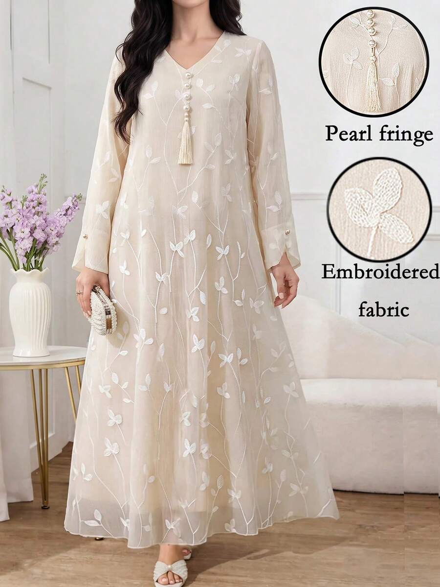 Al Najma Women's Elegant Embroidered Arabian Dress - Apricot - View 1