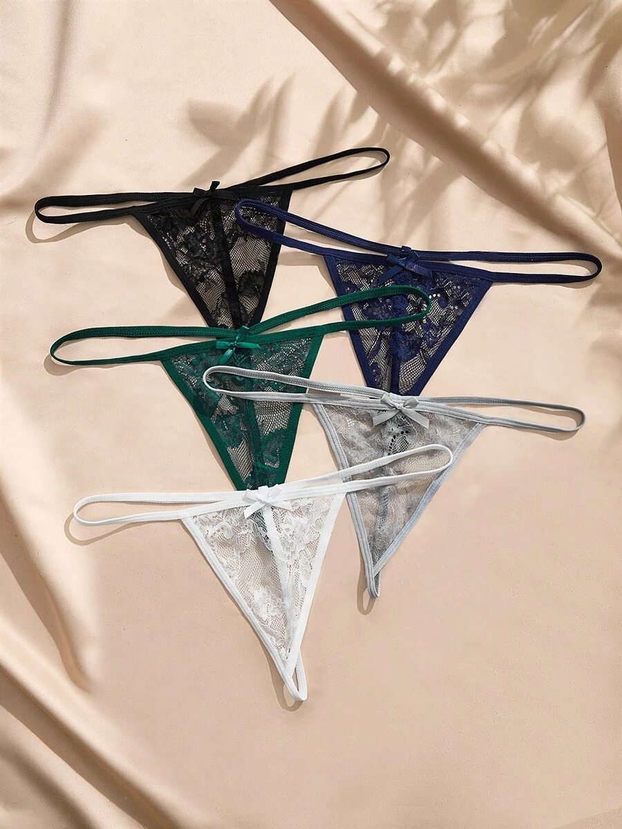 SHEIN 女款蕾絲蝴蝶結裝飾性感丁字褲 (5件組) - 彩色 - 查看 1