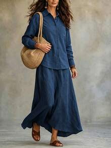 SHEIN Holidaya 女款春夏/秋冬鬆弛感紋理襯衫與A字口袋裙兩件套，同色紋理面料營造隨性舒適氛圍，適合夏秋休閒穿搭，適用日常通勤、休閒外出、居家穿著等，海軍藍女套裝 - 藏蓝色 - 查看 4