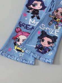 SHEIN Girlss 卡通女團印花衛衣與丹寧效果寬腿褲 2 件套 秋季寬鬆長袖圓領衛衣，附彩色 Q-Versi - 粉色 - 查看 6