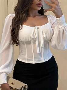SHEIN SXY Spring And Summer Sweetheart Neckline Knot-Front White Long-Sleeved Chiffon Shirt,Long Sleeve Tops - White - View 1