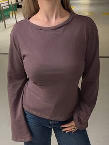 Jeta Ari Brown Round Neck Long Sleeve Flare Cuff Casual Versatile Daily T-Shirt For Women - Brown - View 3