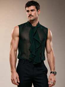 ZURIURI Men's Solid Color Ruffle Sheer Sleeveless Shirt - Dark Green - View 4
