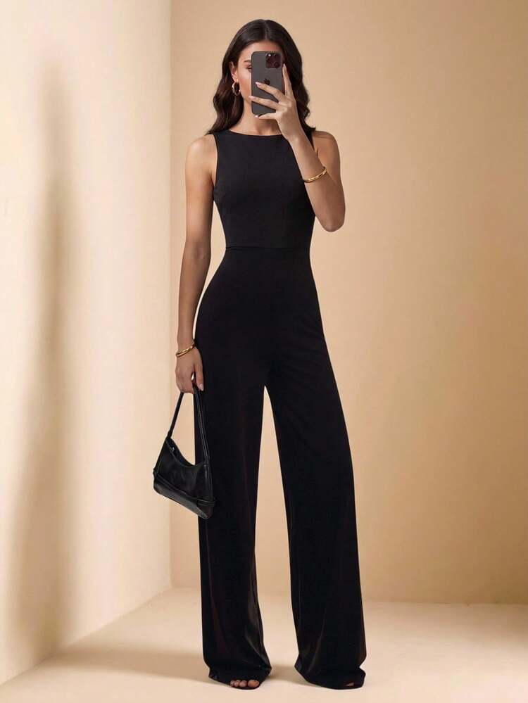 SHEIN Tall 優雅無袖純黑色寬腿連身褲，夏季派對晚裝，不對稱設計，情人節優雅日常穿搭，適合高個女性 - 黑色 - 查看 10