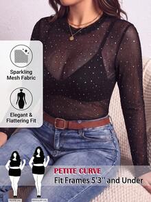 SHEIN PETITE CURVE 大尺碼女款水鑽網紗圓領長袖透視性感上衣 - 黑色 - 查看 1