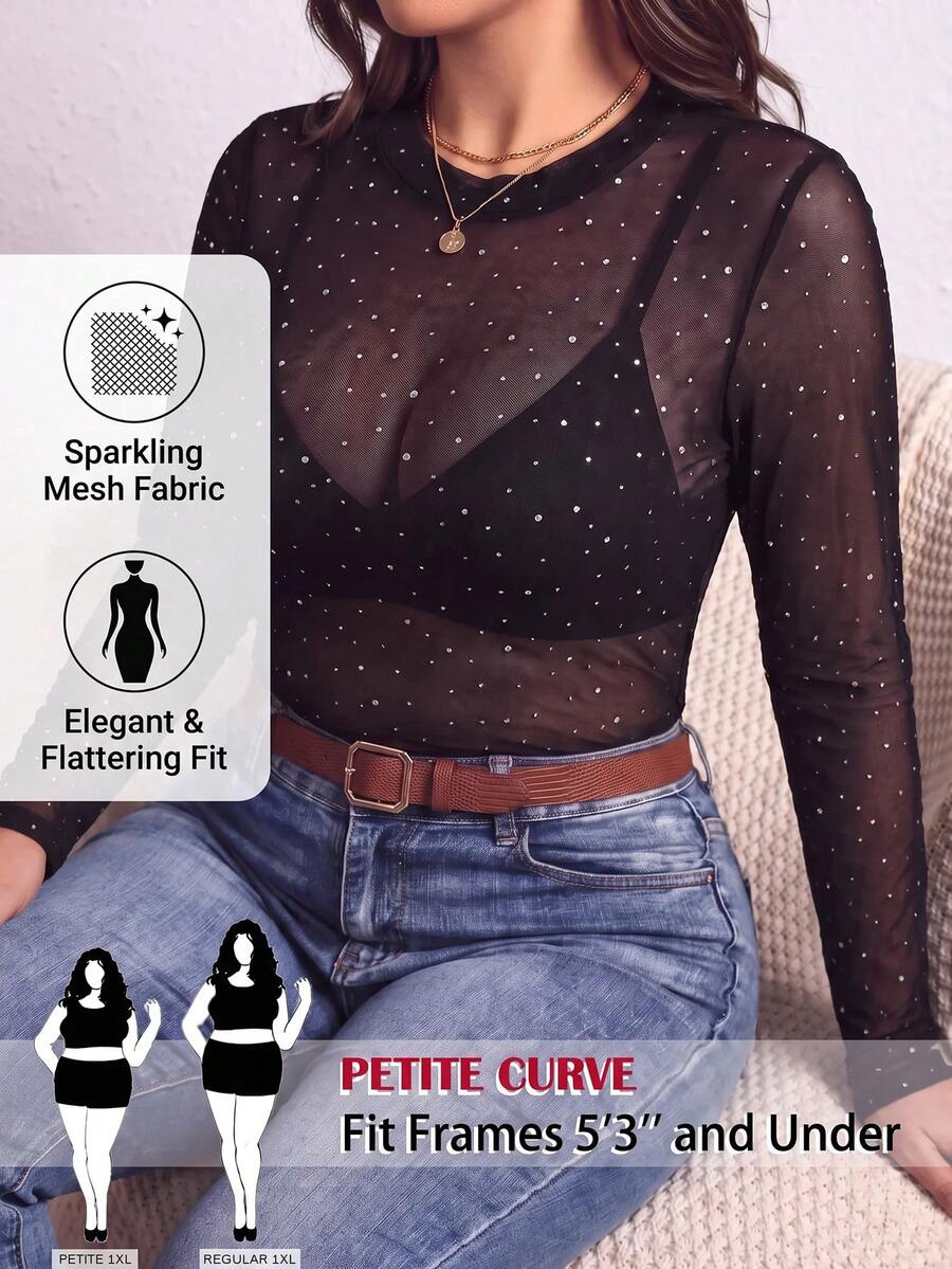 SHEIN PETITE CURVE 大尺碼女款水鑽網紗圓領長袖透視性感上衣 - 黑色 - 查看 1