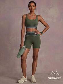 Zivah Women's Striped Cross Back Crop Tank Shorts 2 Pieces Workout Set Gym Athletic Outfit All Season - Army Green - View 3