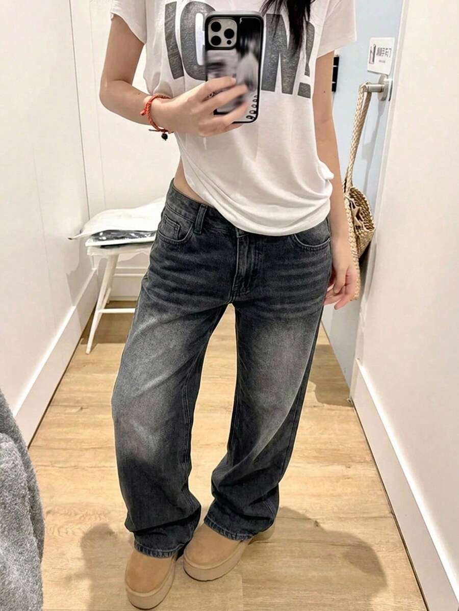 DAZY 女款休閒水洗韓風街頭牛仔褲可愛上衣 - 灰色 - 查看 1
