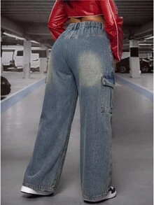 Jeanoix Celana Jeans Denim Kargo Potongan Lurus Tanpa Peregangan Ukuran Plus - Biru - View 2