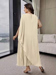 Modelyn Plus Size Women's Faux Pearl Decor Long Top And Pleated Skirt Casual Daily 2-Piece Set - Apricot - View 7