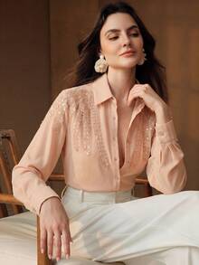 Anewsta New Elegant Heavy Embellished Studded Lace Trim Design Lapel Loose Fit Commuter Women's Blouse - Pink - View 3