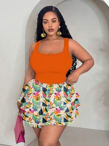 Slaydiva Women's Plus Size 2pcs Orange Summer Boho Beach Vacation Holiday Set,Slim Cropped Tank Top And Loose Layered Ruffle Trim Floral Shorts Outfit Beige - Multicolor - View 3