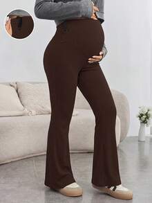 SHEIN Maternity Solid Color Adjustable Waist Casual Versatile Daily Wear Long Pants - Coffee Brown - View 5