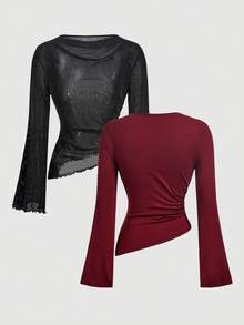 SHEIN MOD 女款 2 件組 酒紅與黑色亮片圓領抓皺喇叭袖收腰不對稱下擺百搭長袖 T-shirt 打底衫 - 紅色和黑色 - 查看 2
