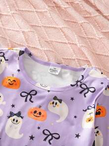 Tween Girl Ghost Print Long Sleeve Top & Leggings Snug Fit Loungewear - Purple - View 6