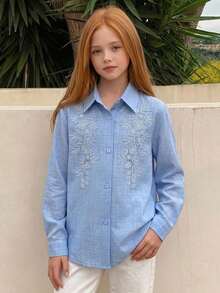 Hapijoa Casual Lapel Pattern Loose Long Sleeve Autumn Girls (Big) Shirt - Blue - View 6